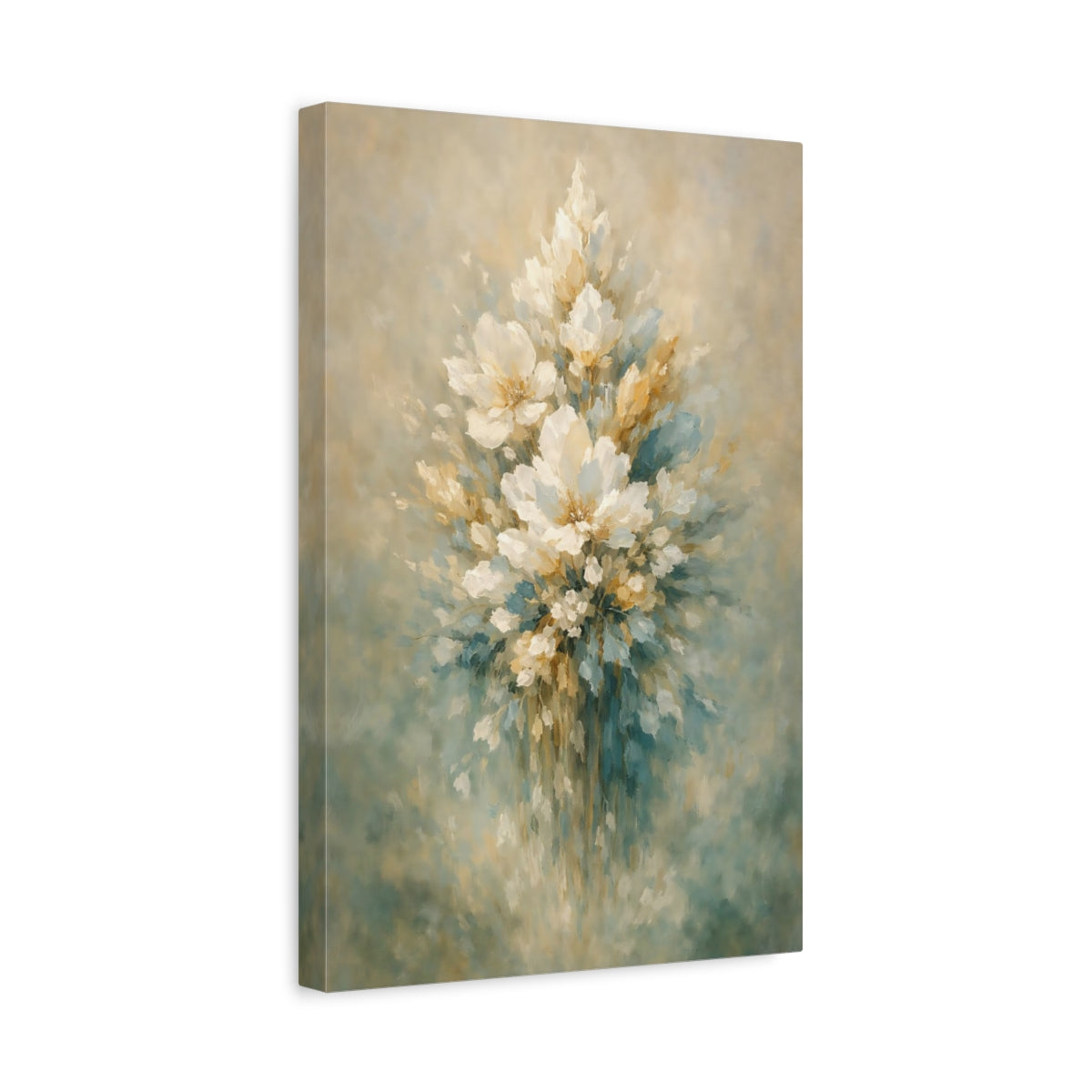 Side Mockup 4. Floral Floral Bouquet Muted Floral Teal Gold shown as stretched canvas wall art