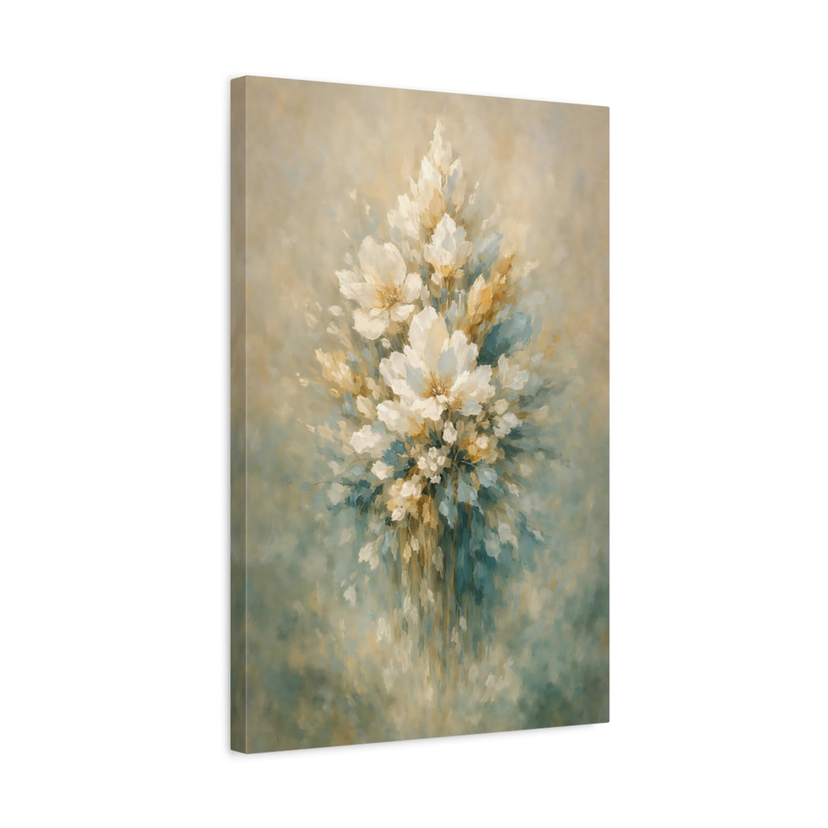Side Mockup 3. Floral Floral Bouquet Muted Floral Teal Gold shown as stretched canvas wall art