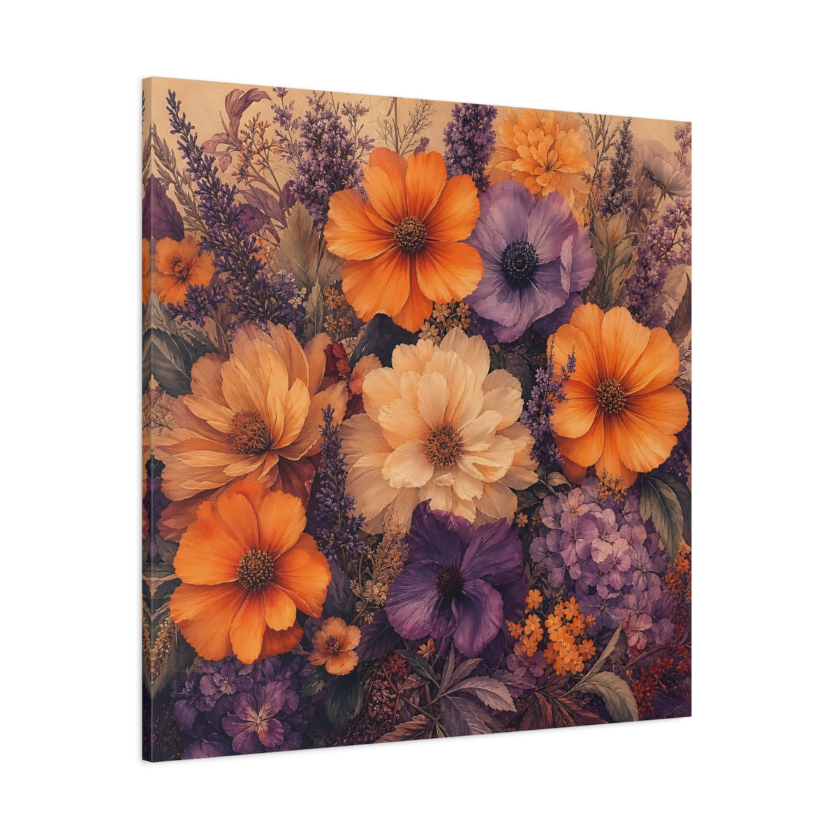 Side Mockup 1. Floral Floral Bouquet Orange Purple Floral shown as stretched canvas wall art