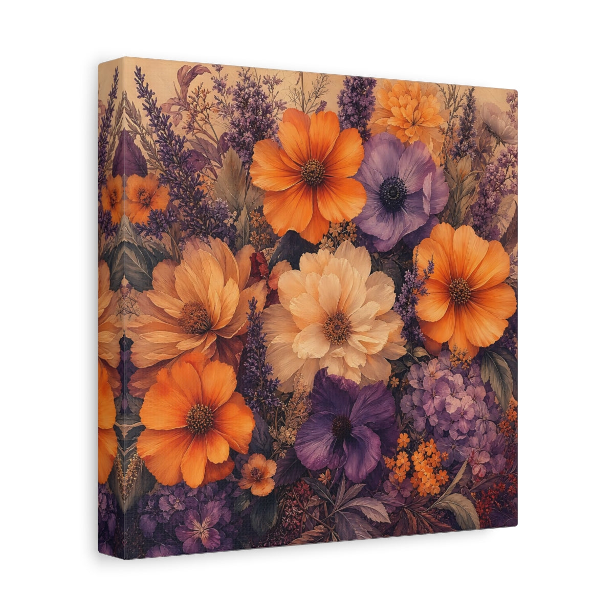 Side Mockup 9. Floral Floral Bouquet Orange Purple Floral shown as stretched canvas wall art