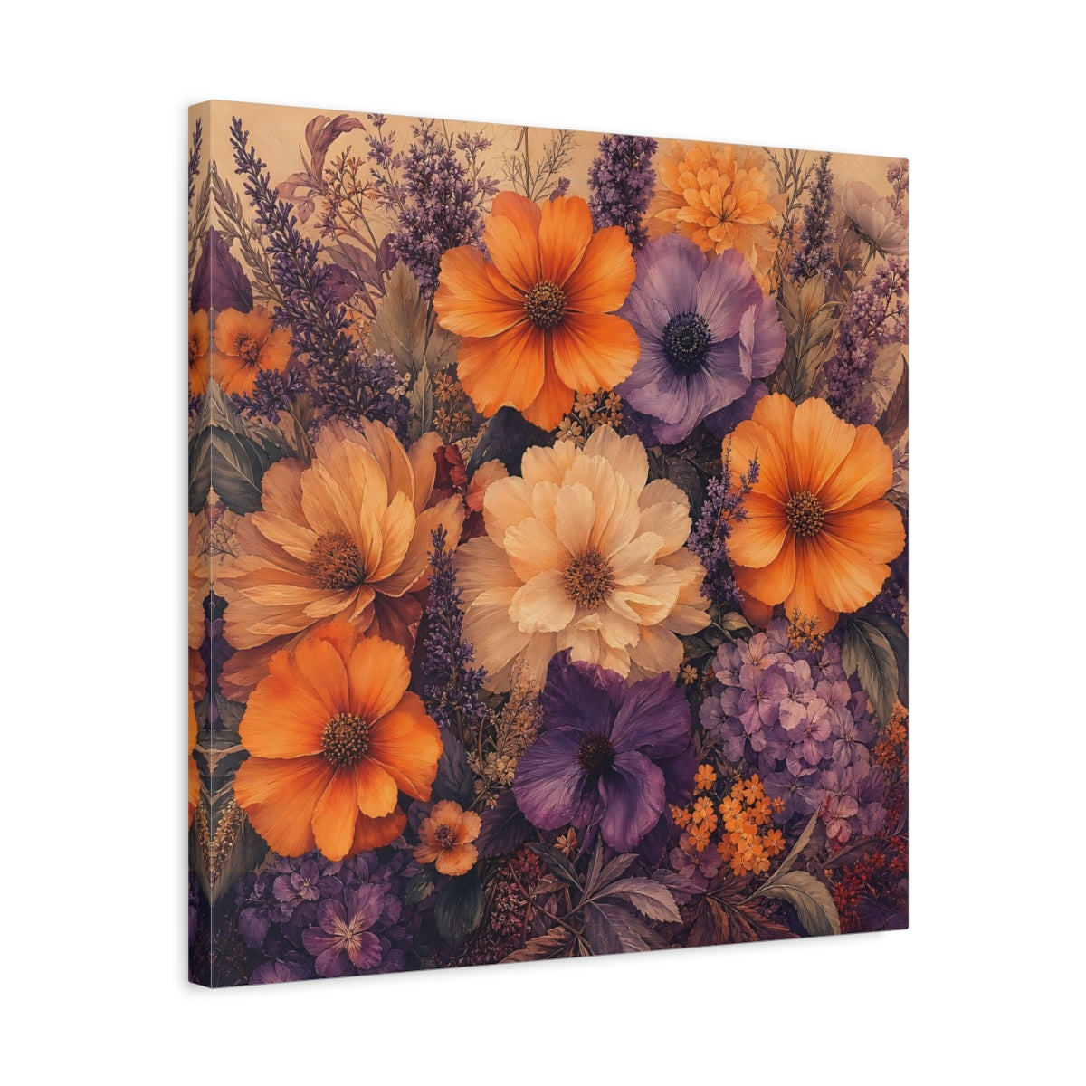 Side Mockup 5. Floral Floral Bouquet Orange Purple Floral shown as stretched canvas wall art