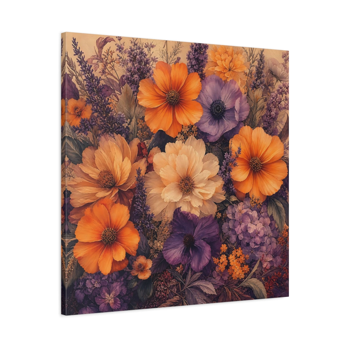 Side Mockup 3. Floral Floral Bouquet Orange Purple Floral shown as stretched canvas wall art