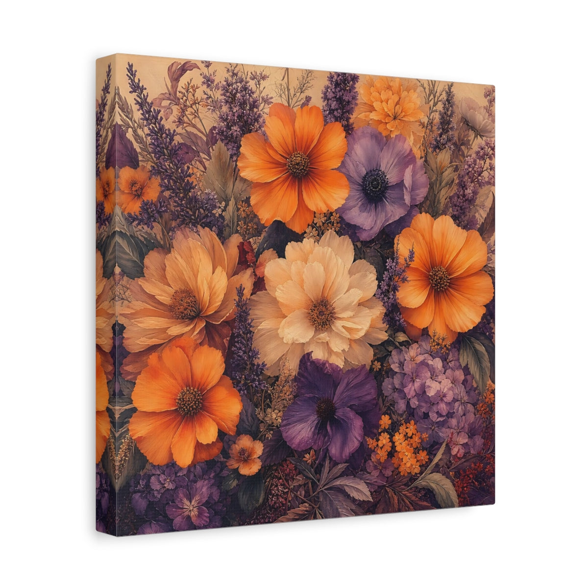 Side Mockup 8. Floral Floral Bouquet Orange Purple Floral shown as stretched canvas wall art