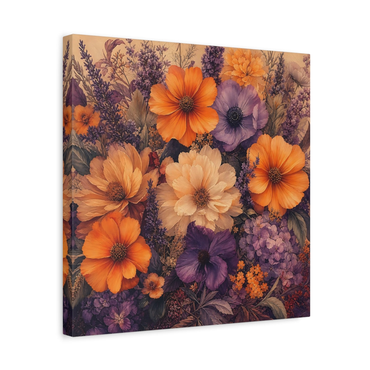 Side Mockup 6. Floral Floral Bouquet Orange Purple Floral shown as stretched canvas wall art