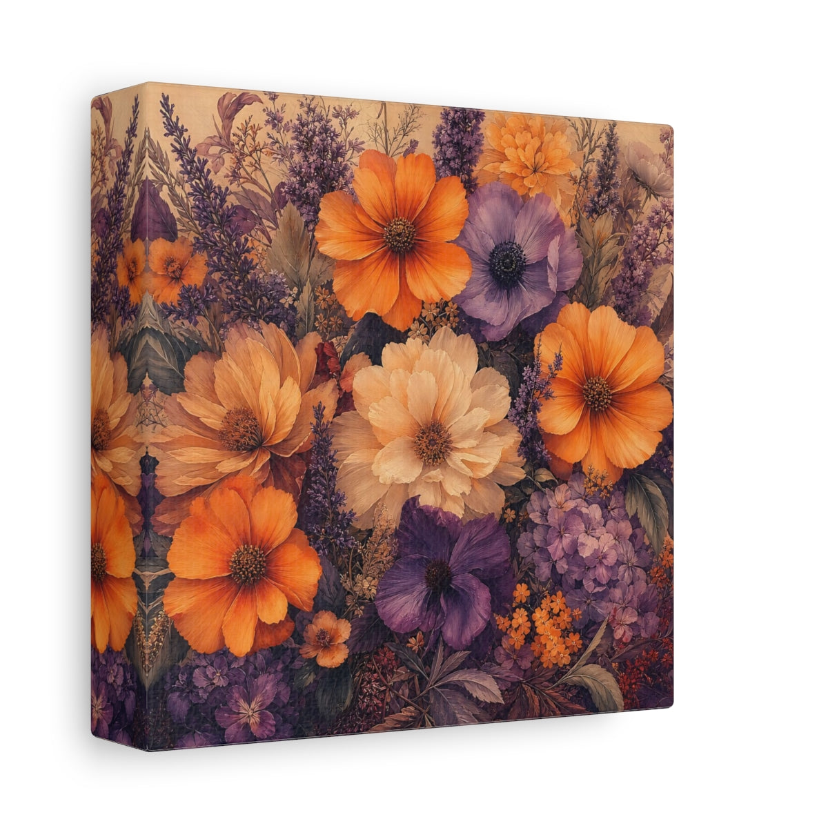 Side Mockup 2. Floral Floral Bouquet Orange Purple Floral shown as stretched canvas wall art