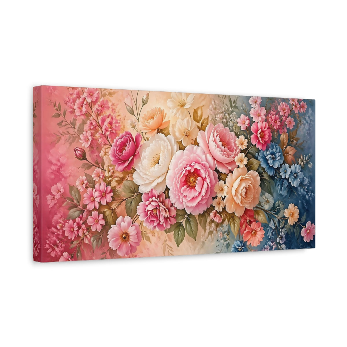 Side Mockup 3. Floral Floral Bouquet Pink And Blue Floral shown as stretched canvas wall art