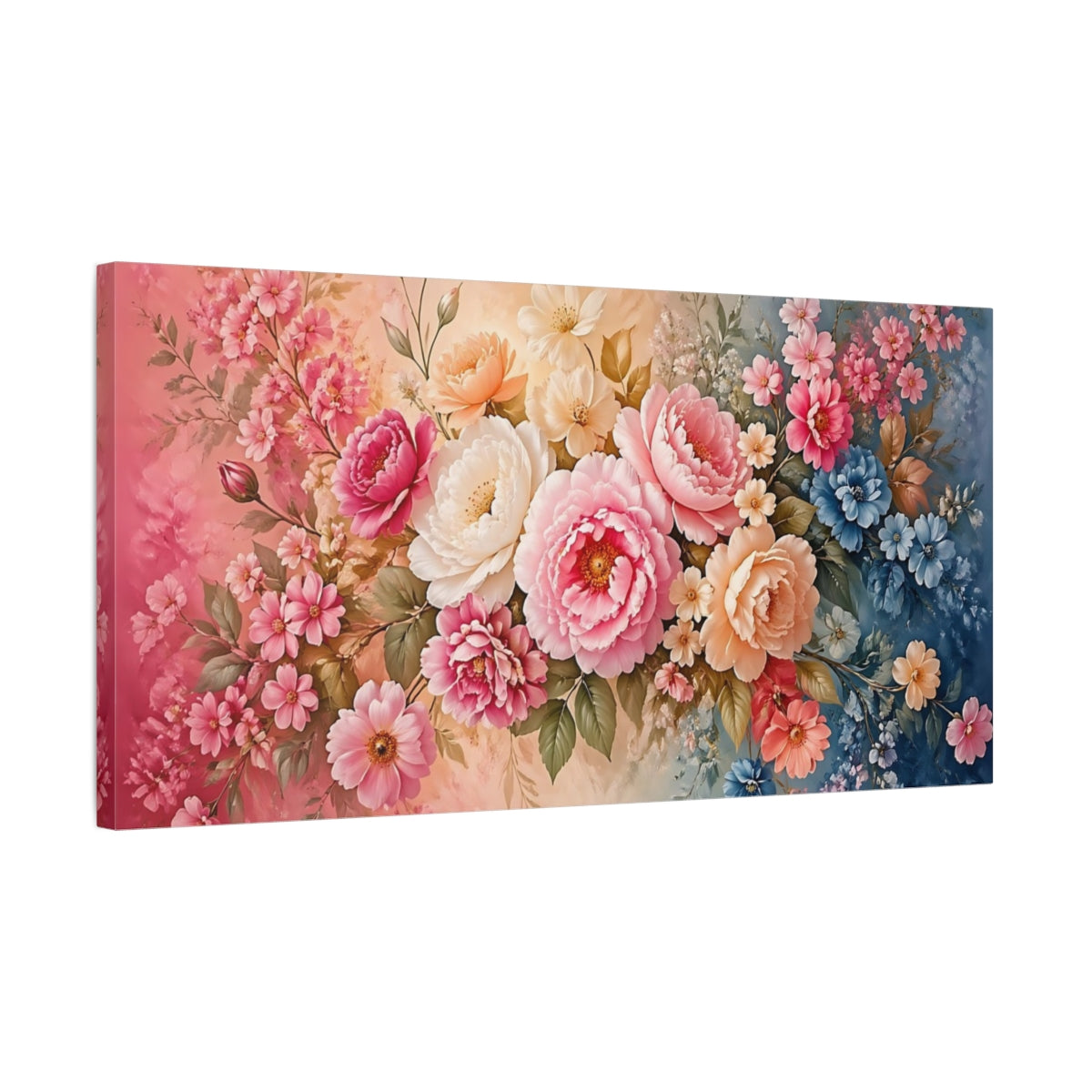 Side Mockup 1. Floral Floral Bouquet Pink And Blue Floral shown as stretched canvas wall art