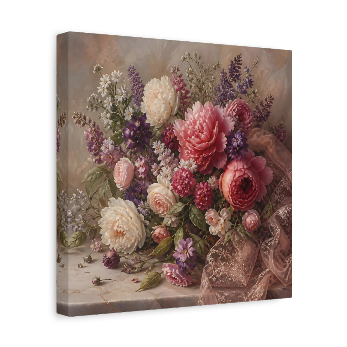 Side Mockup 8. Floral Floral Bouquet Pink Floral Bouquet shown as stretched canvas wall art