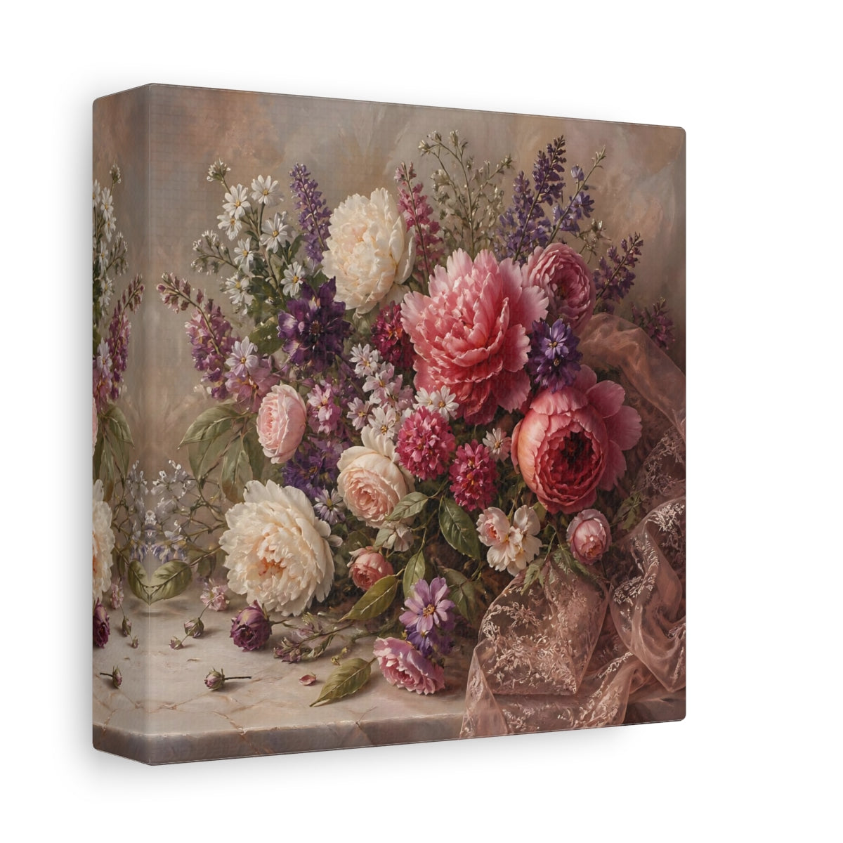 Side Mockup 2. Floral Floral Bouquet Pink Floral Bouquet shown as stretched canvas wall art