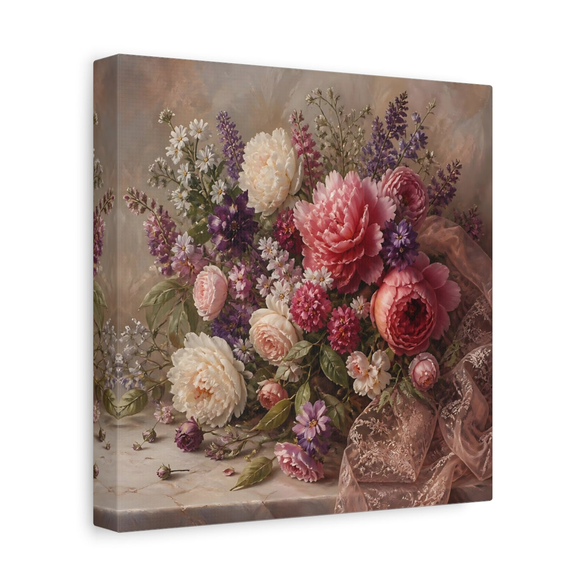 Side Mockup 9. Floral Floral Bouquet Pink Floral Bouquet shown as stretched canvas wall art