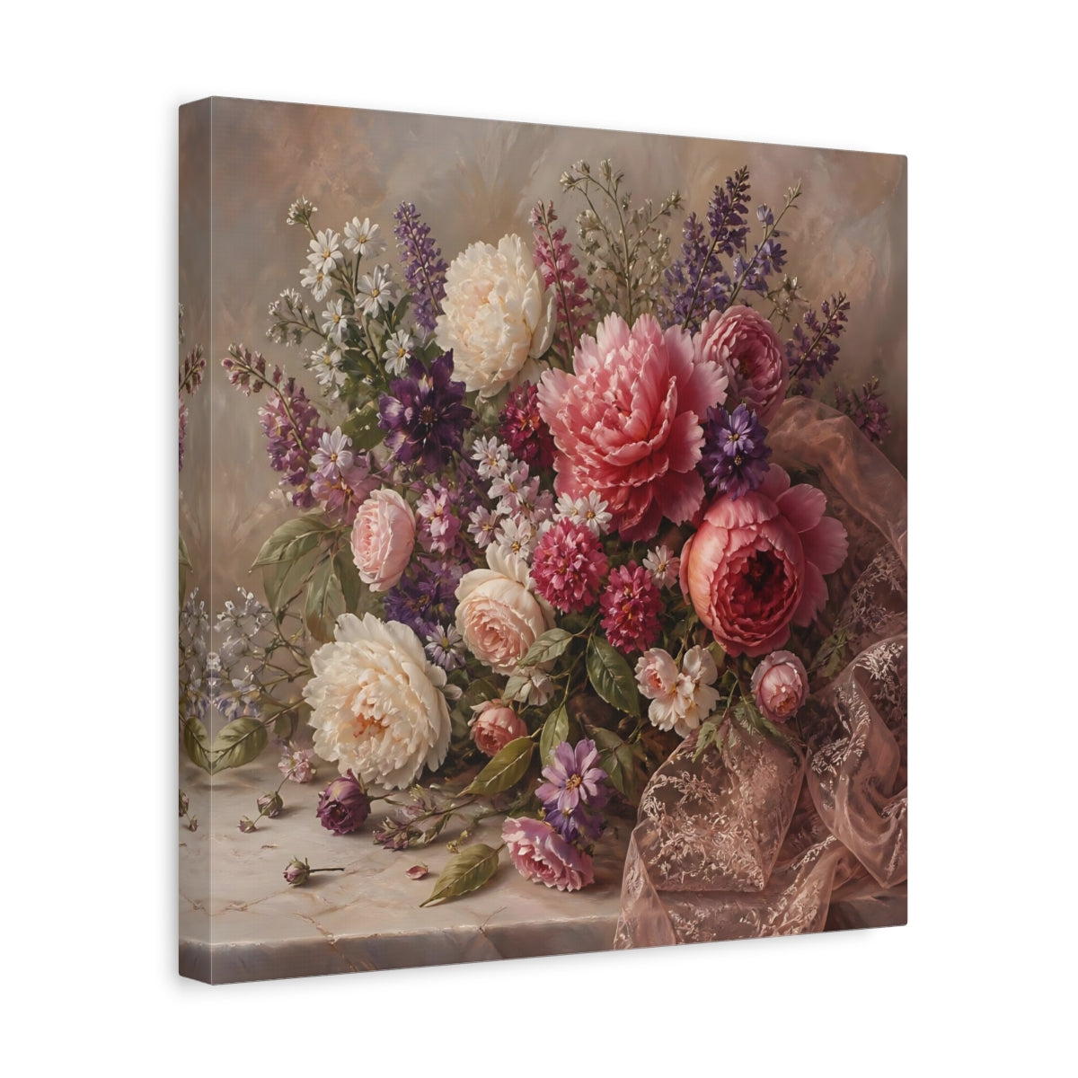 Side Mockup 7. Floral Floral Bouquet Pink Floral Bouquet shown as stretched canvas wall art