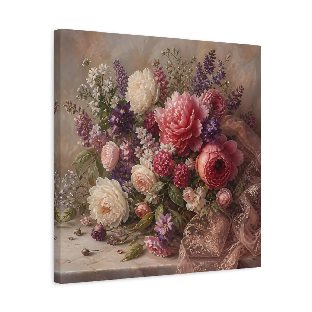 Side Mockup 5. Floral Floral Bouquet Pink Floral Bouquet shown as stretched canvas wall art