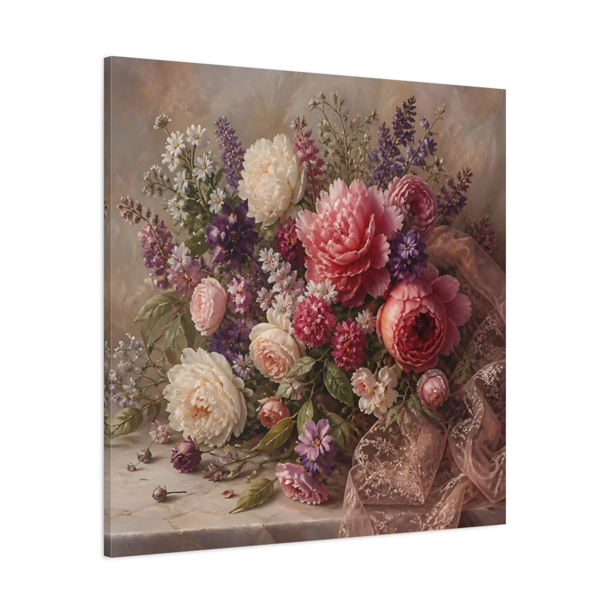 Side Mockup 1. Floral Floral Bouquet Pink Floral Bouquet shown as stretched canvas wall art