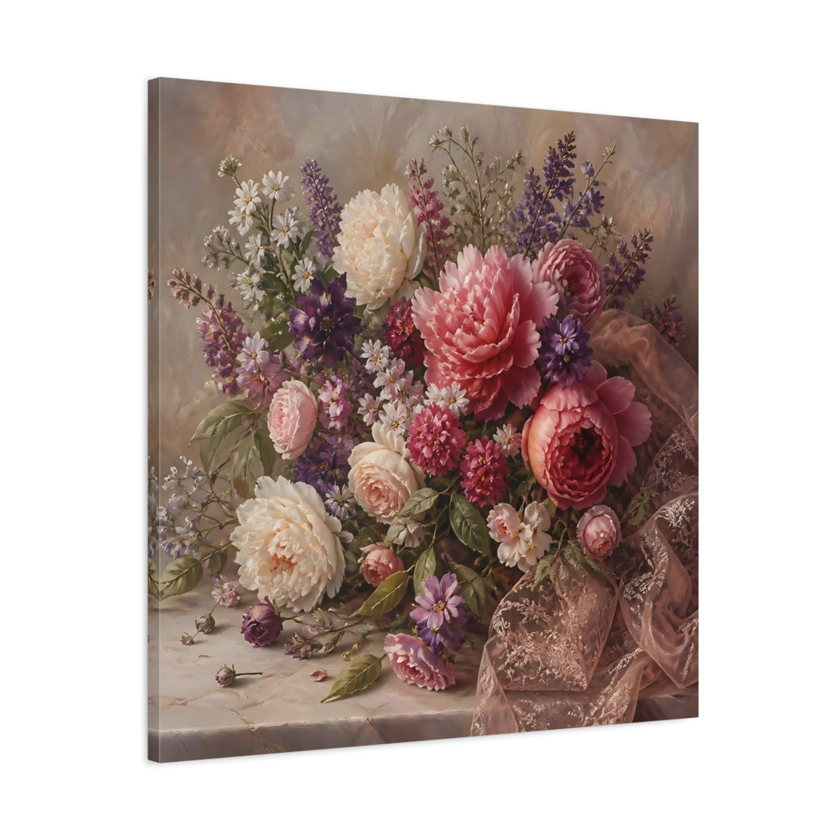 Side Mockup 3. Floral Floral Bouquet Pink Floral Bouquet shown as stretched canvas wall art