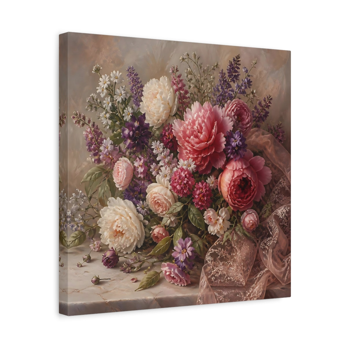 Side Mockup 6. Floral Floral Bouquet Pink Floral Bouquet shown as stretched canvas wall art