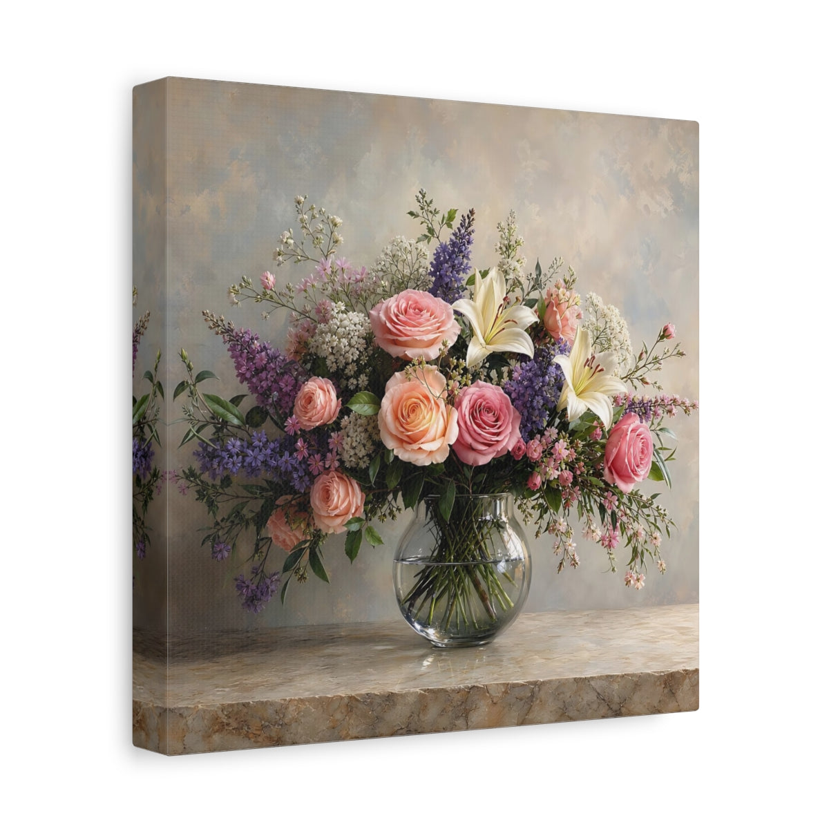 Side Mockup 9. Floral Floral Bouquet Pink Peach Flowers shown as stretched canvas wall art