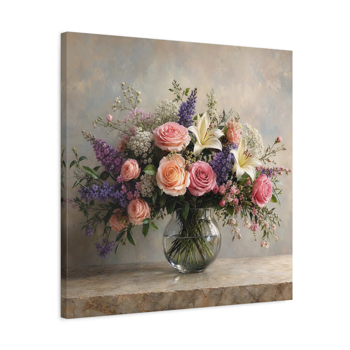 Side Mockup 4. Floral Floral Bouquet Pink Peach Flowers shown as stretched canvas wall art