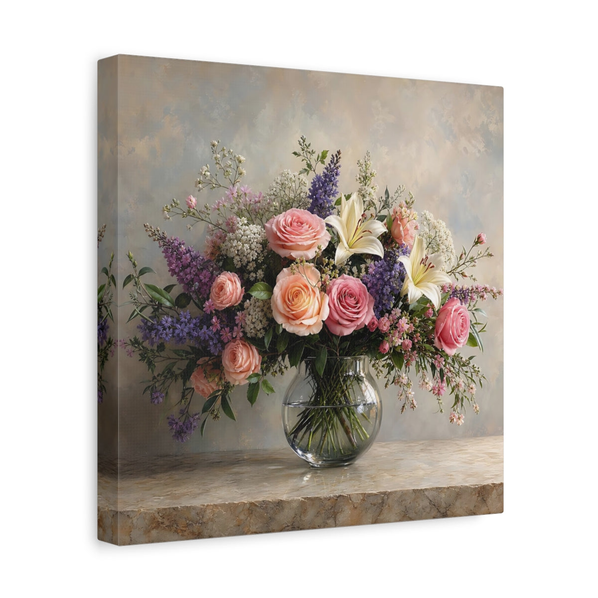 Side Mockup 8. Floral Floral Bouquet Pink Peach Flowers shown as stretched canvas wall art