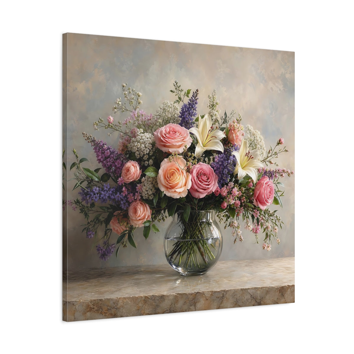 Side Mockup 3. Floral Floral Bouquet Pink Peach Flowers shown as stretched canvas wall art