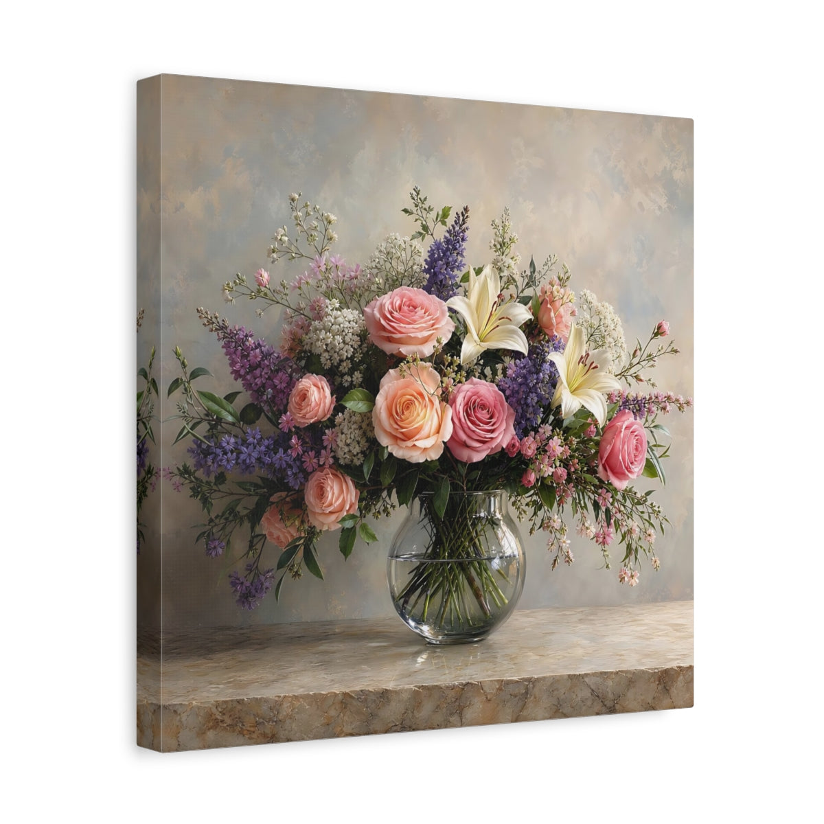 Side Mockup 7. Floral Floral Bouquet Pink Peach Flowers shown as stretched canvas wall art