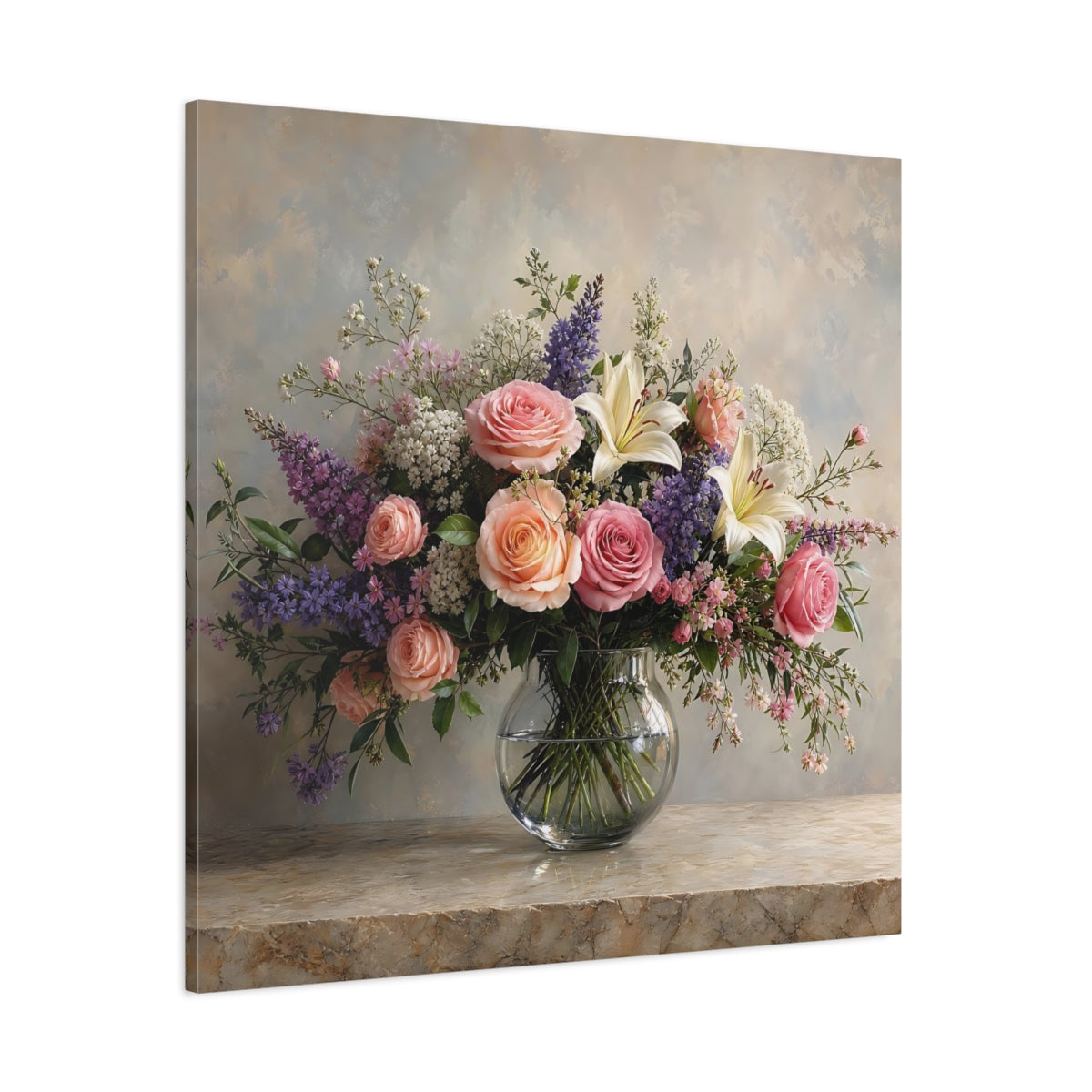 Side Mockup 1. Floral Floral Bouquet Pink Peach Flowers shown as stretched canvas wall art