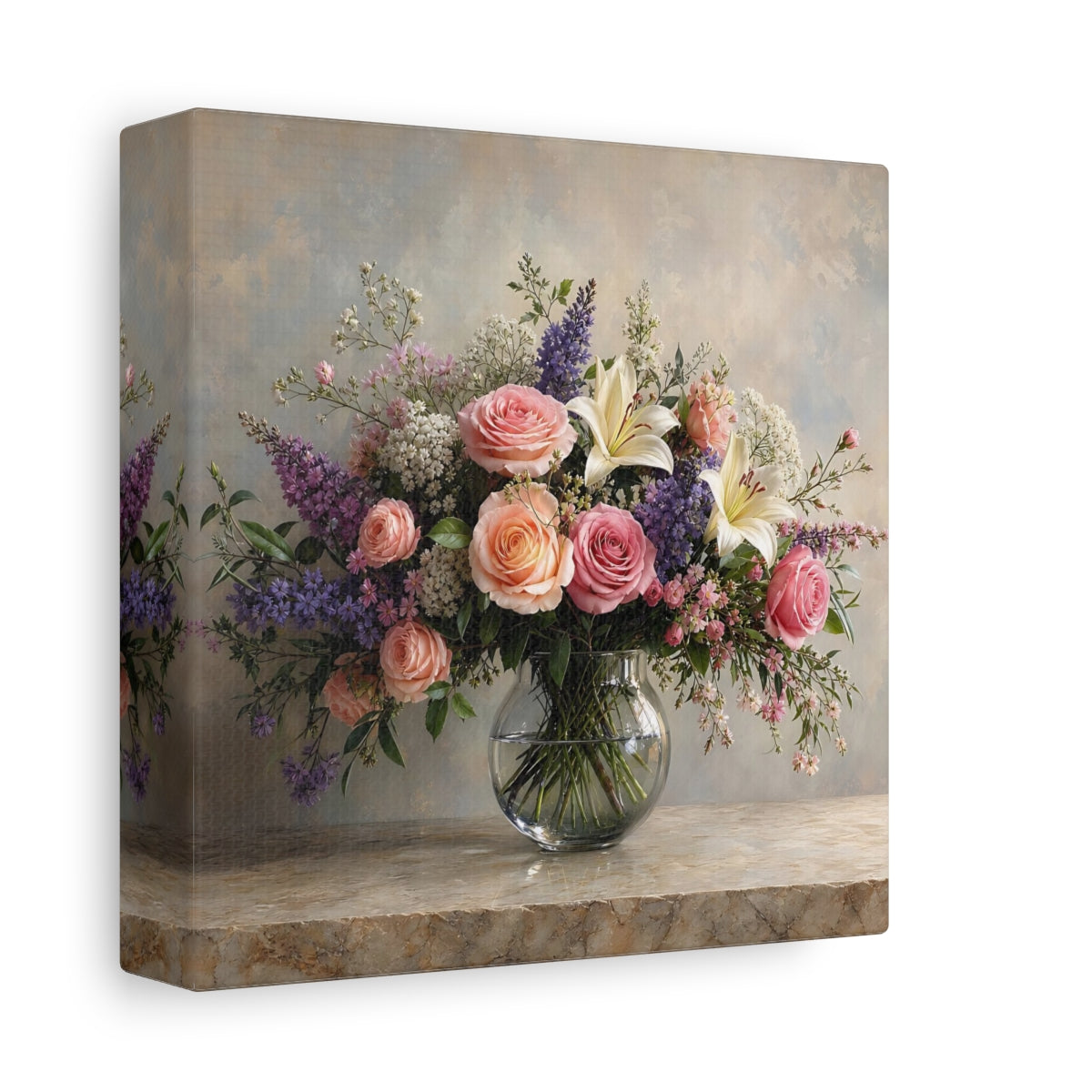 Side Mockup 2. Floral Floral Bouquet Pink Peach Flowers shown as stretched canvas wall art