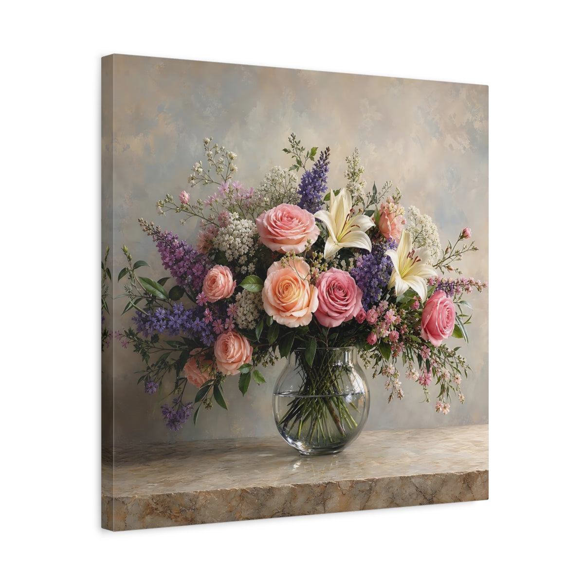 Side Mockup 5. Floral Floral Bouquet Pink Peach Flowers shown as stretched canvas wall art
