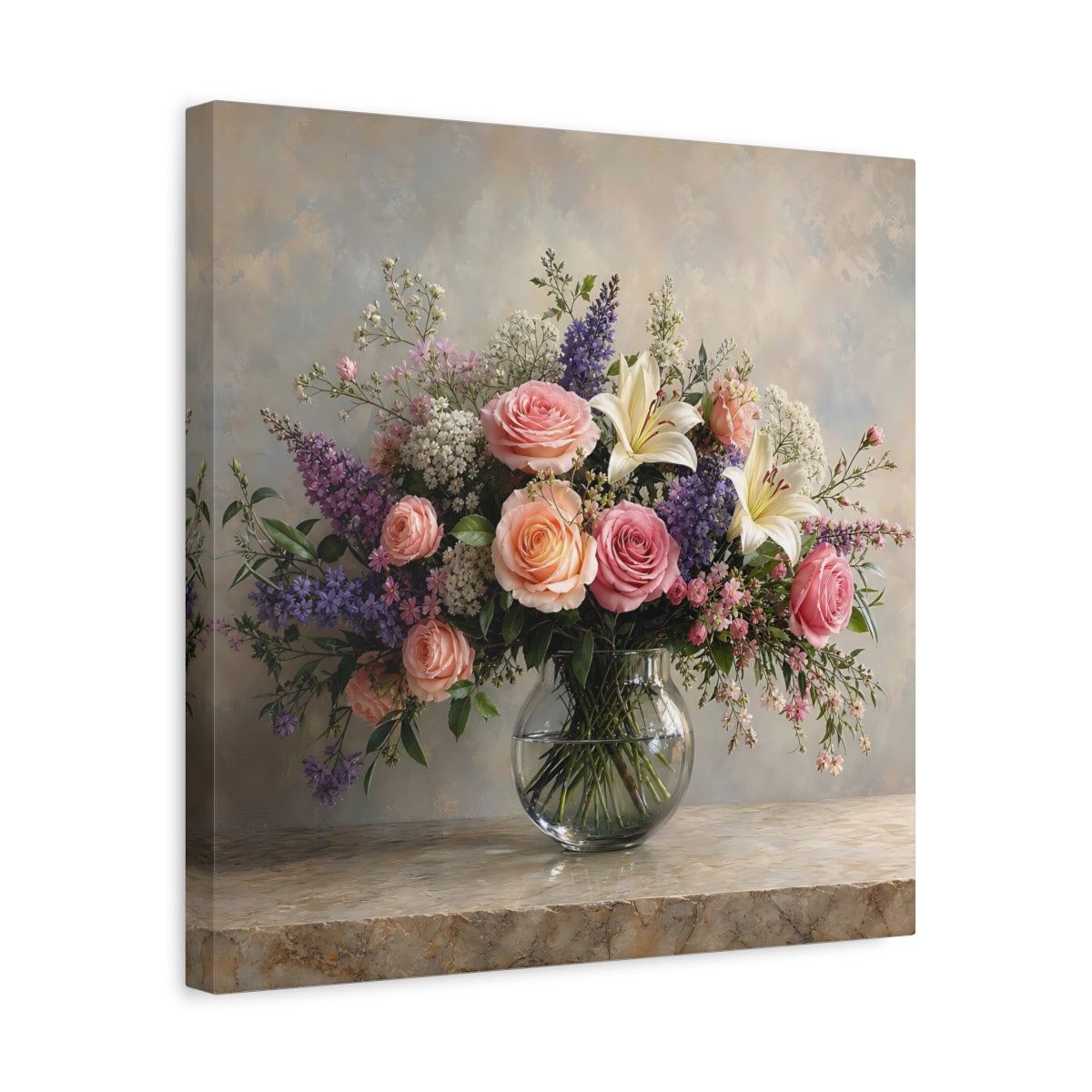 Side Mockup 6. Floral Floral Bouquet Pink Peach Flowers shown as stretched canvas wall art