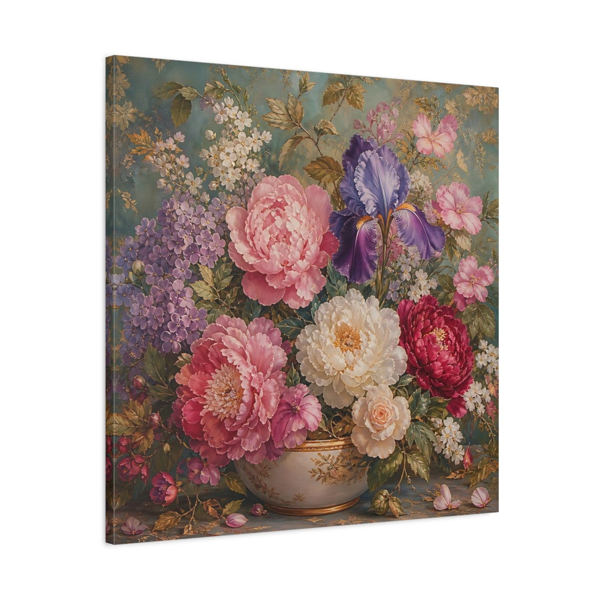 Side Mockup 3. Floral Floral Bouquet Pink Purple Teal shown as stretched canvas wall art