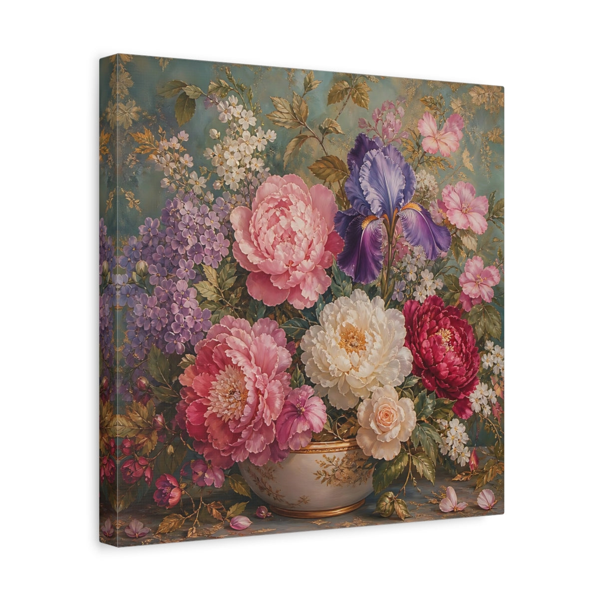 Side Mockup 7. Floral Floral Bouquet Pink Purple Teal shown as stretched canvas wall art