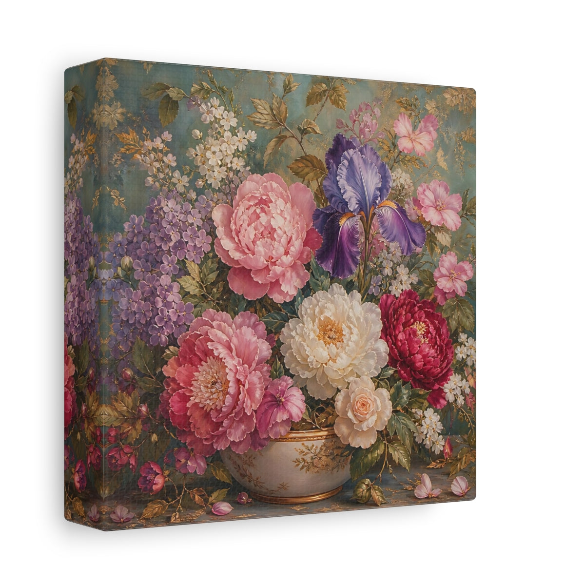 Side Mockup 2. Floral Floral Bouquet Pink Purple Teal shown as stretched canvas wall art
