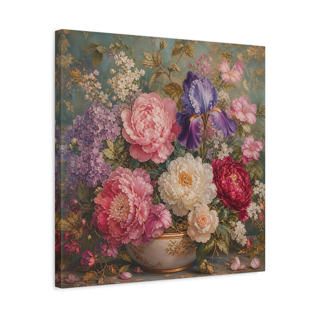 Side Mockup 5. Floral Floral Bouquet Pink Purple Teal shown as stretched canvas wall art