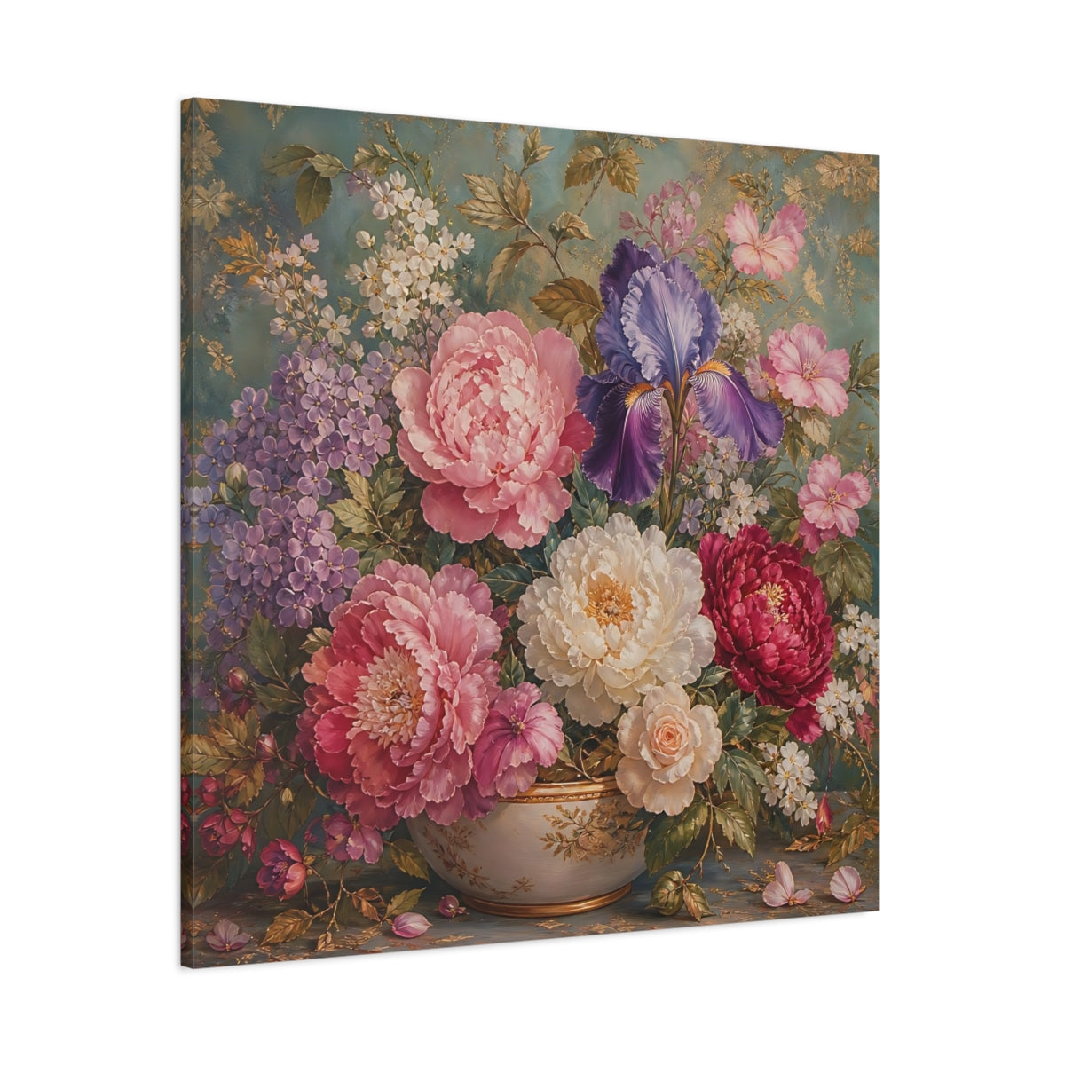Side Mockup 1. Floral Floral Bouquet Pink Purple Teal shown as stretched canvas wall art
