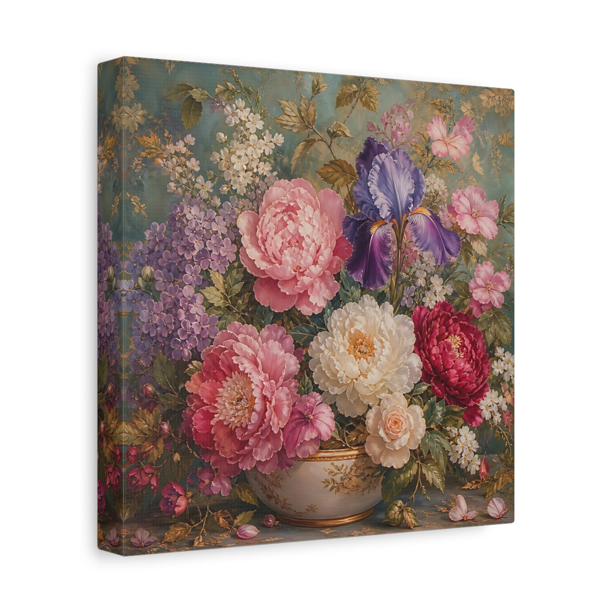 Side Mockup 9. Floral Floral Bouquet Pink Purple Teal shown as stretched canvas wall art