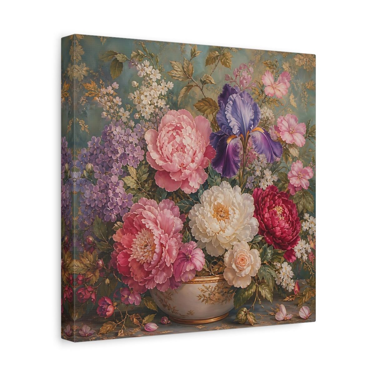 Side Mockup 8. Floral Floral Bouquet Pink Purple Teal shown as stretched canvas wall art