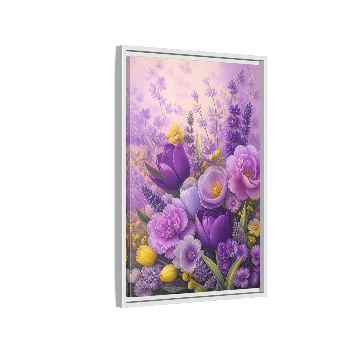 Side Mockup 1. Floral Floral Bouquet Purple Floral shown as framed canvas print