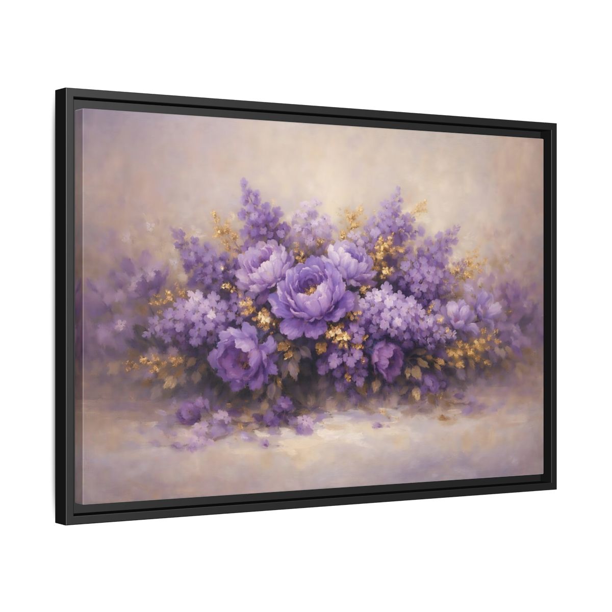 Side Mockup 14. Floral Floral Bouquet Purple Floral shown as stretched canvas wall art