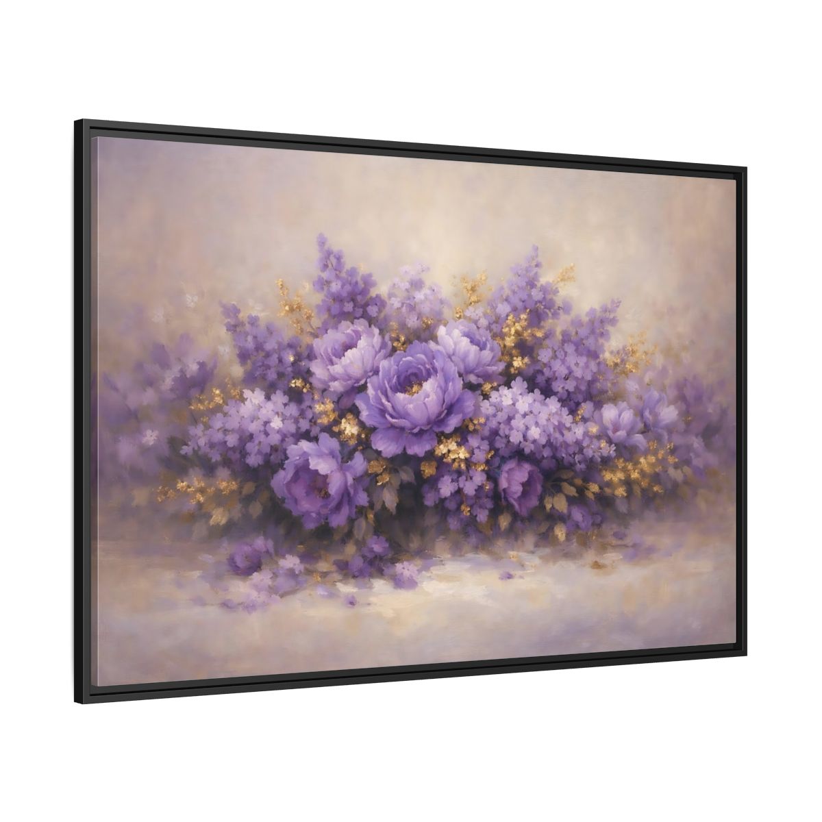 Side Mockup 12. Floral Floral Bouquet Purple Floral shown as stretched canvas wall art