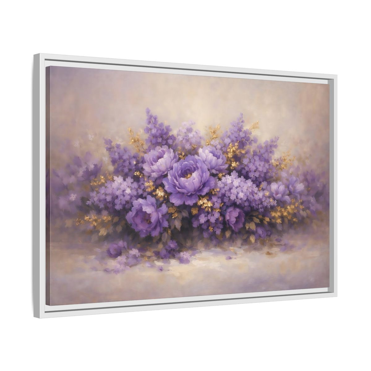 Side Mockup 10. Floral Floral Bouquet Purple Floral shown as stretched canvas wall art