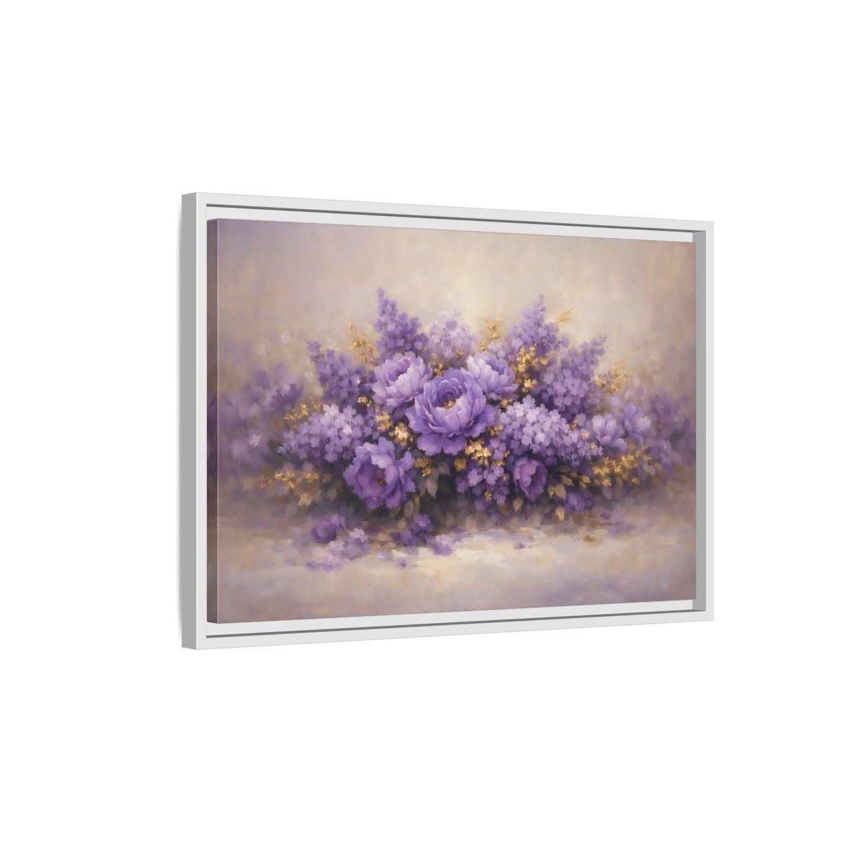 Side Mockup 1. Floral Floral Bouquet Purple Floral shown as stretched canvas wall art