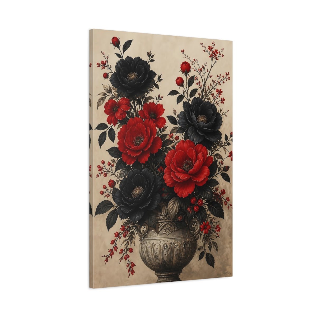 Floral Bouquet Red Black Canvas Print Wall Art – Vintage Living Room, Above Console Table - YesArtYes