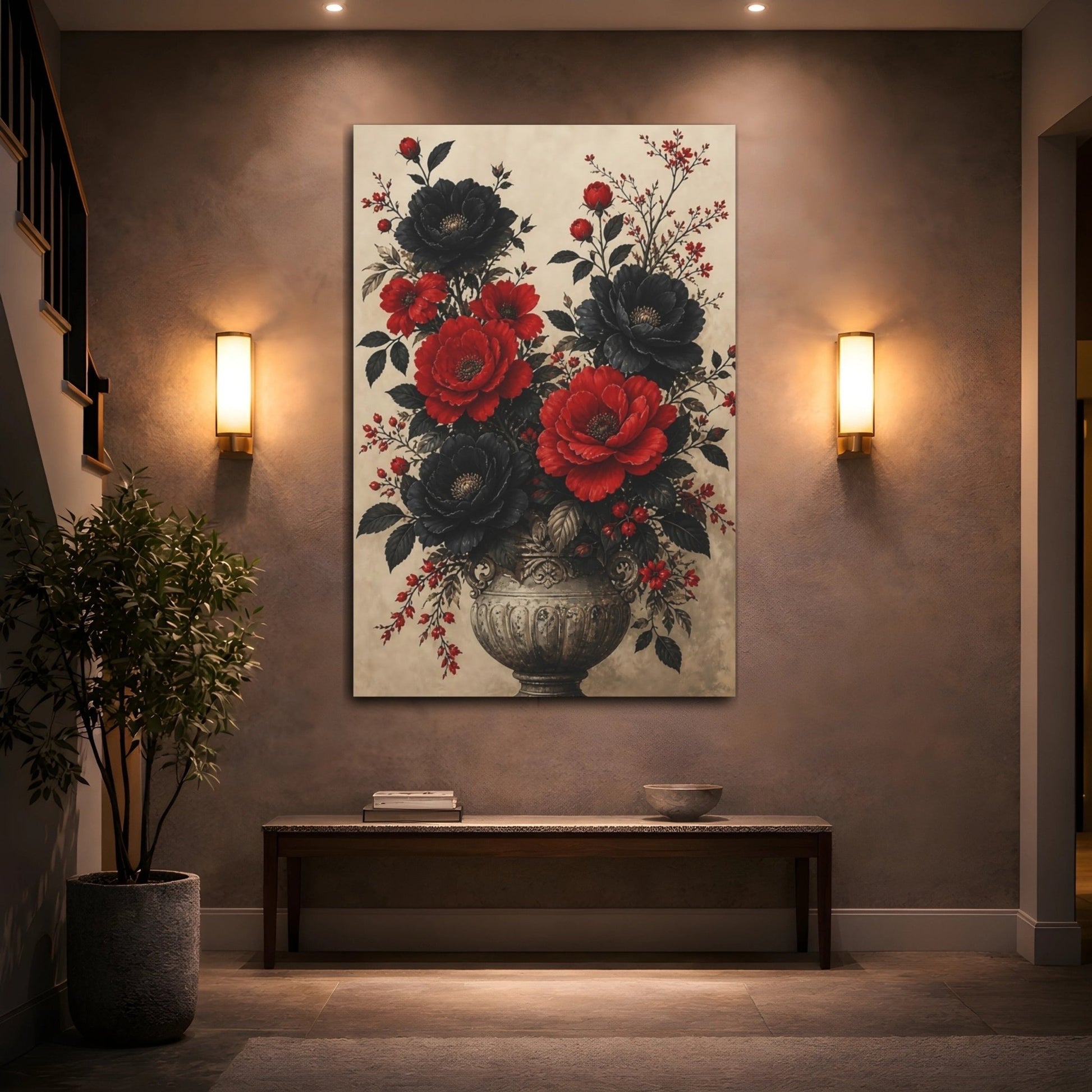Floral Bouquet Red Black Canvas Print Wall Art – Vintage Living Room, Above Console Table - YesArtYes