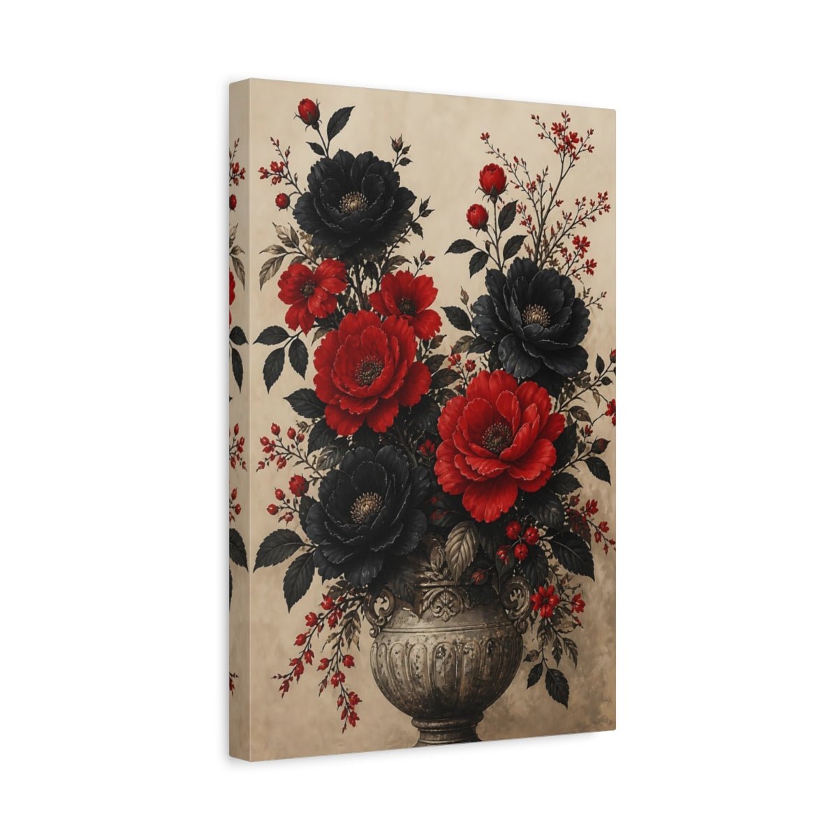 Floral Bouquet Red Black Canvas Print Wall Art – Vintage Living Room, Above Console Table - YesArtYes