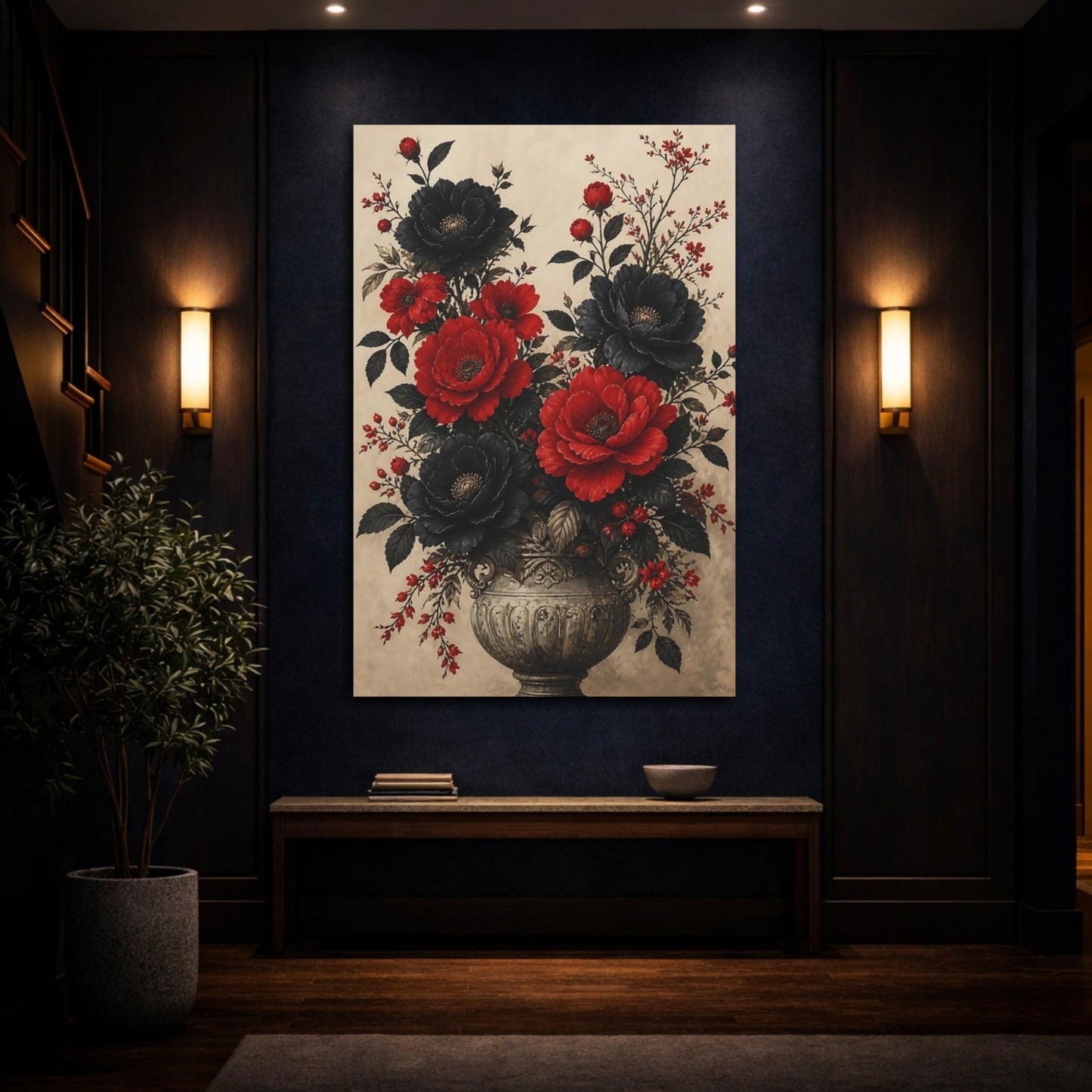 Floral Bouquet Red Black Canvas Print Wall Art – Vintage Living Room, Above Console Table - YesArtYes