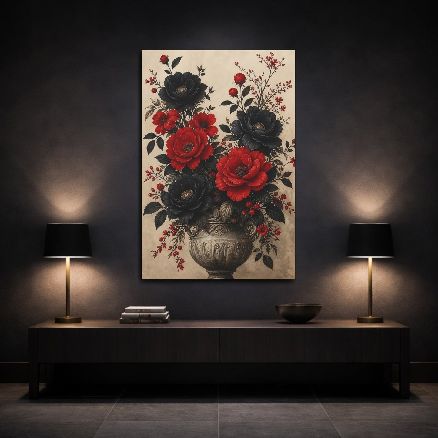 Floral Bouquet Red Black Canvas Print Wall Art – Vintage Living Room, Above Console Table - YesArtYes