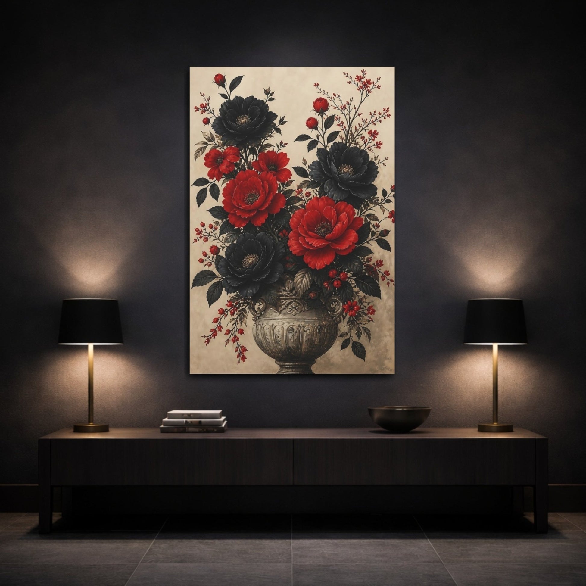 Floral Bouquet Red Black Canvas Print Wall Art – Vintage Living Room, Above Console Table - YesArtYes