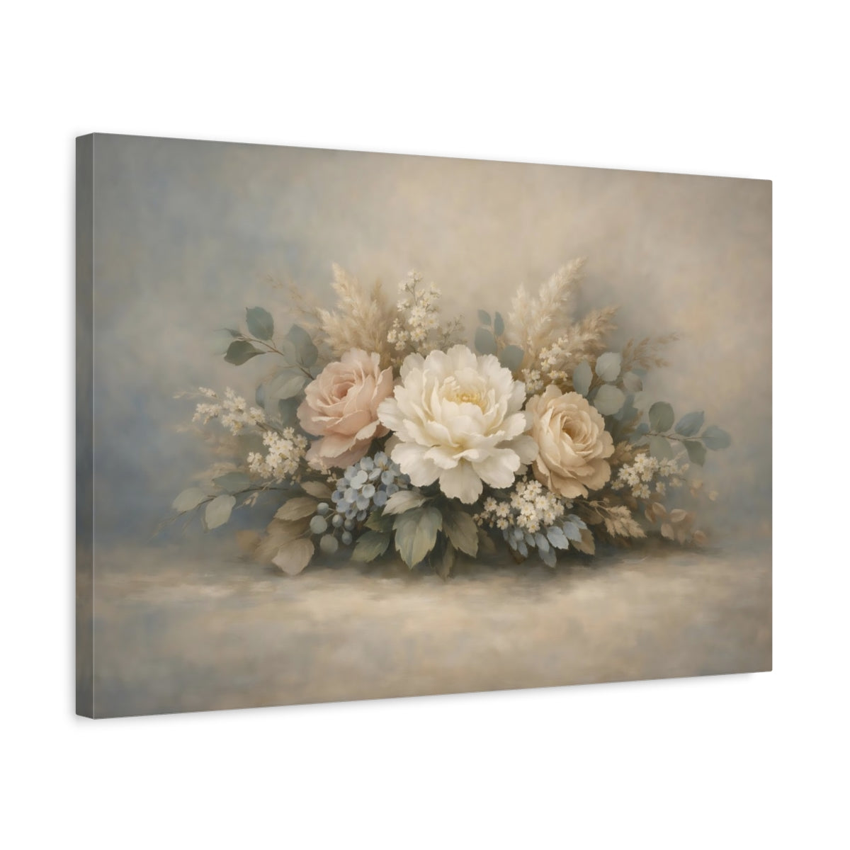 Side Mockup 3. Floral Floral Bouquet Soft Pastel Floral shown as stretched canvas wall art