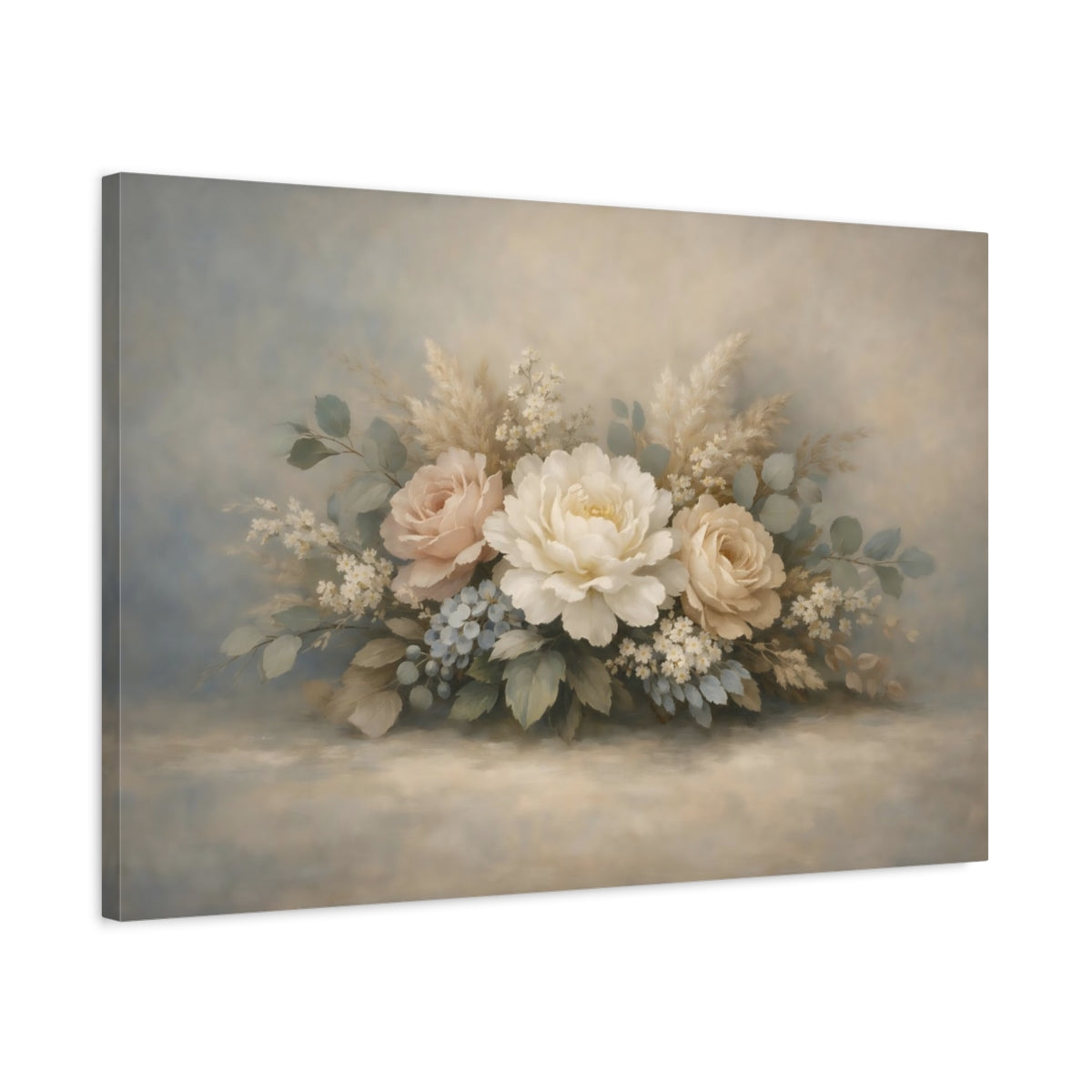 Side Mockup 2. Floral Floral Bouquet Soft Pastel Floral shown as stretched canvas wall art