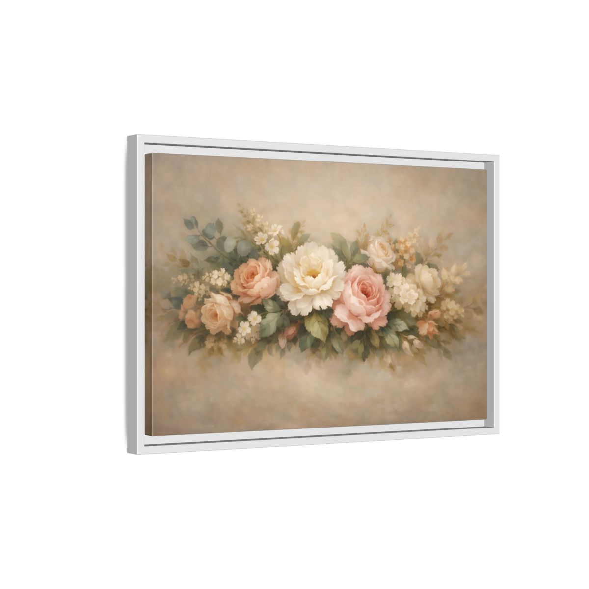 Side Mockup 1. Floral Floral Bouquet Soft Pink Floral shown as stretched canvas wall art