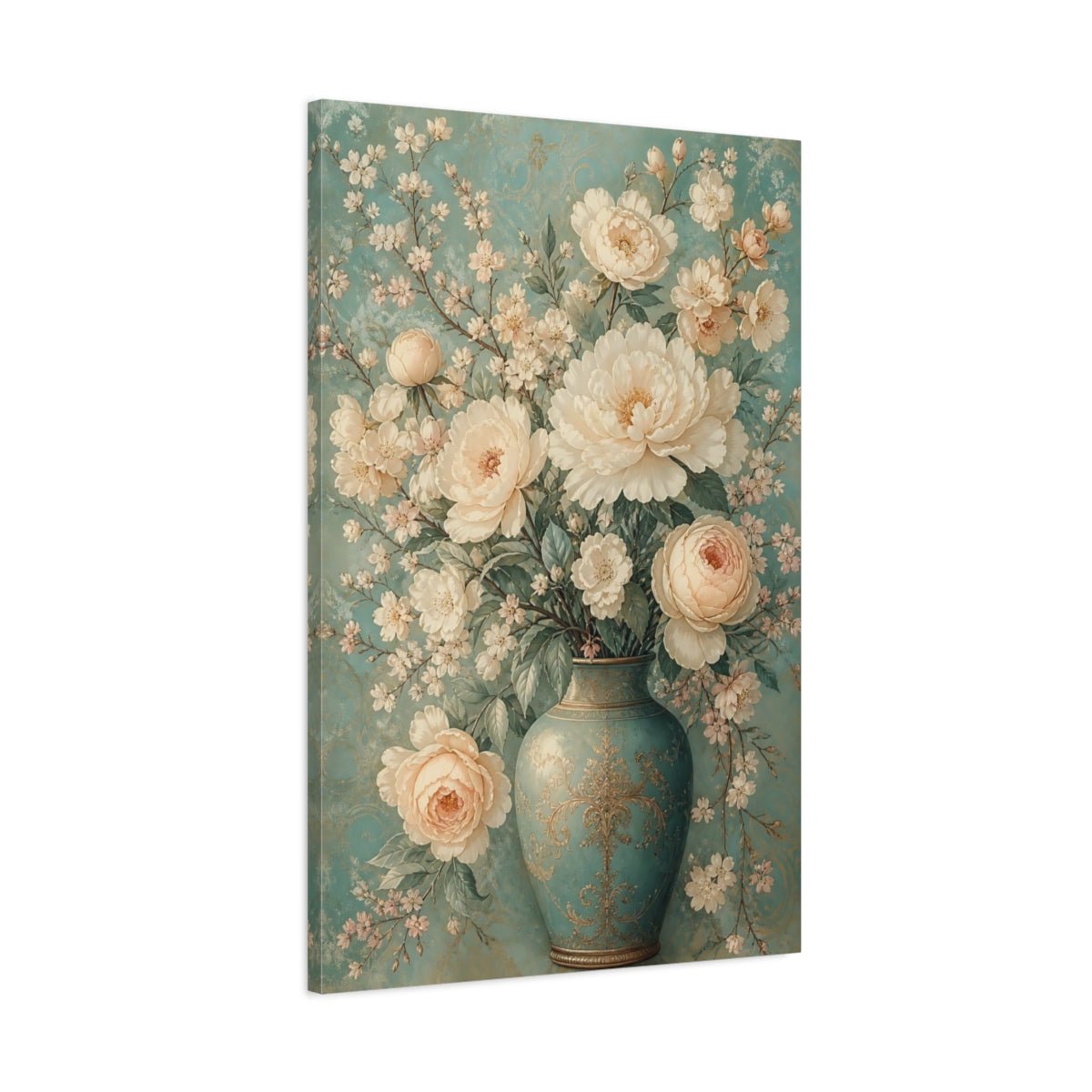 Floral Bouquet Teal And Cream Canvas Print Wall Art – Vintage Living Room, Above Console Table - YesArtYes